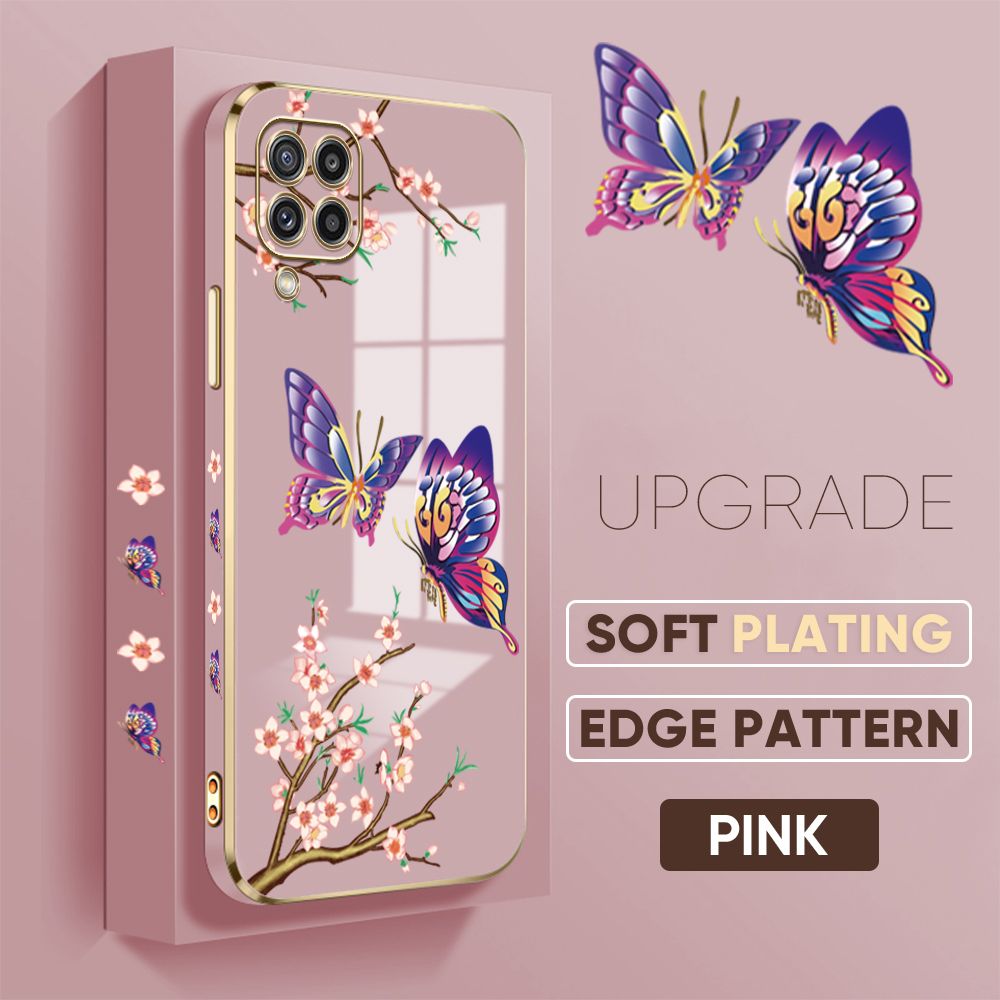 Jizetin (Free Lanyard) Samsung Galaxy M32 Back Cover Peach Blossom and Butterfly Luxury 6D Plating Case Side Pattern Soft Silicone Square Mobile Phone Cases