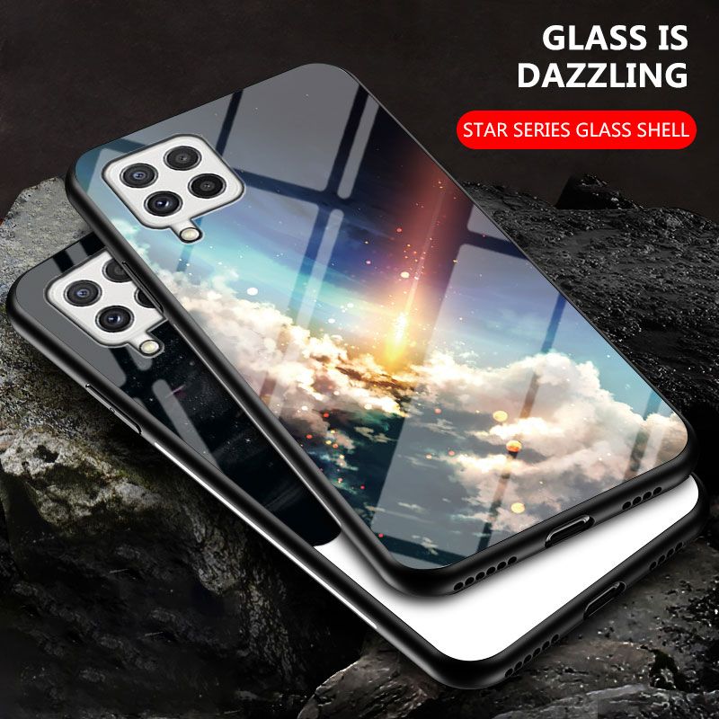 For Samsung Galaxy M22 4G Case Starry Moon and Star Tempered Glass Protector Couple Phone Back Cover for Samsung Galaxy M22 4G Case