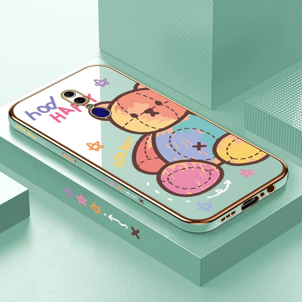 Luxury 6D Plating Case for OPPO F11 Color Cartoon Doll Bear Side Pattern Back Cover Soft Silicone Square Frame Shiny Bling Phone Cases + Free Lanyard