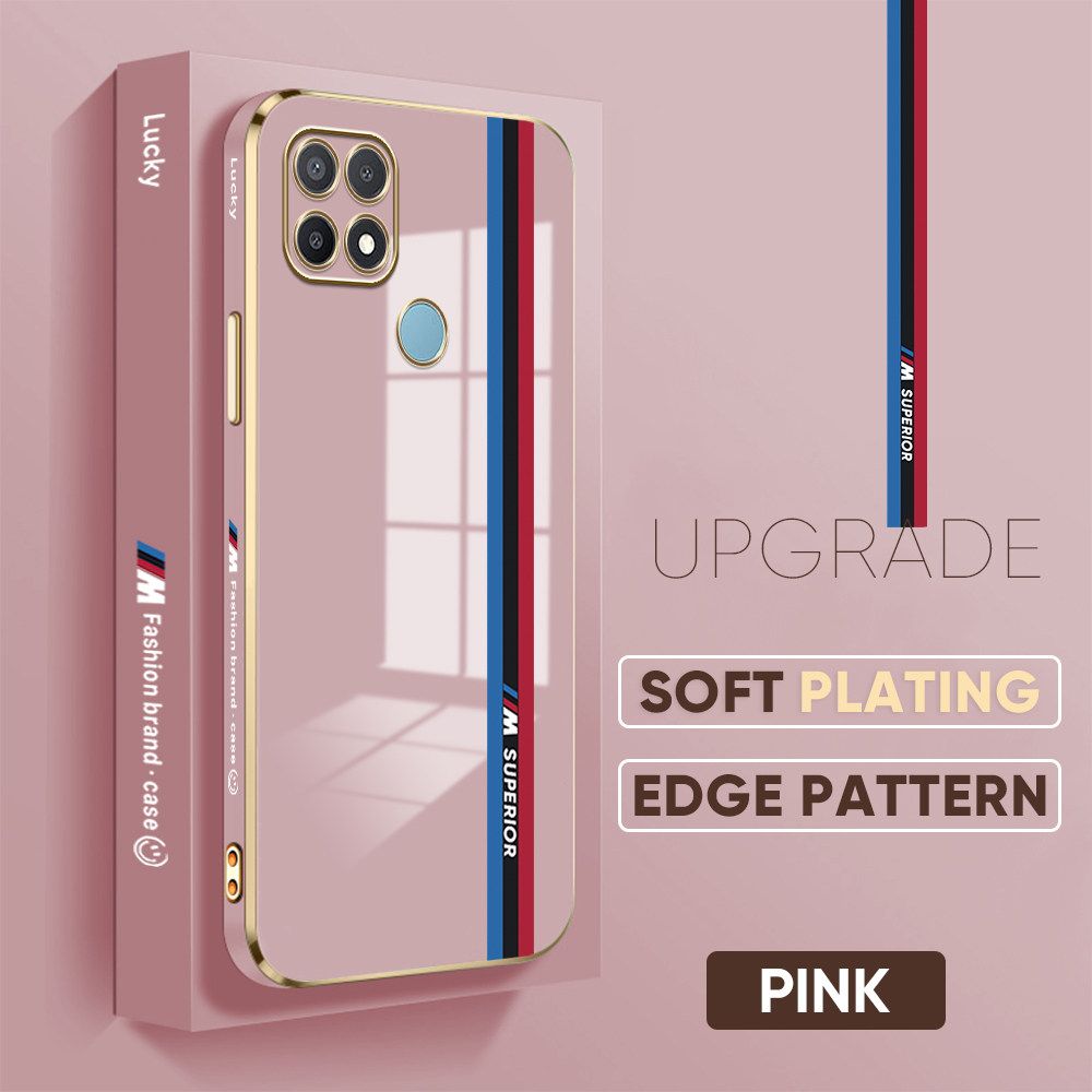 Jizetin (Free Lanyard) OPPO A15 A15S Back Cover Car Track Luxury 6D Plating Case Side Pattern Soft Silicone Square Mobile Phone Cases