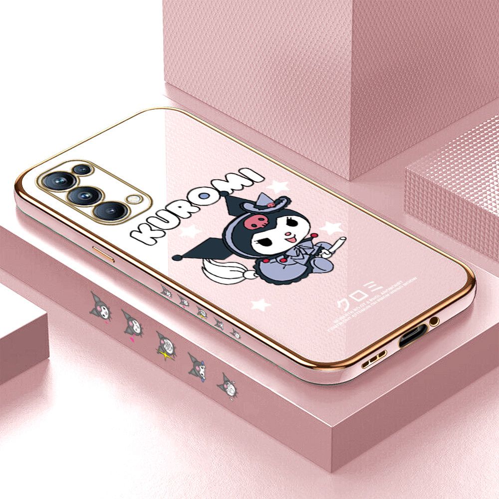 Luxury 6D Plating Soft Casing Silicone Square Frame Phone Case For OPPO Reno5 Pro 5G Case Shiny Bling Back Cover Cartoon Anime Character Cute Square Edge Pattern Design Soft Case + Free Lanyard