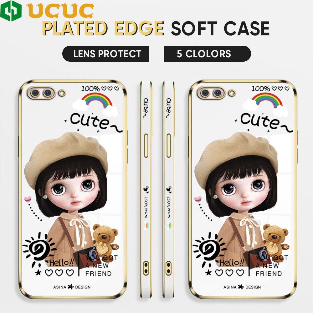 UCUC for OPPO A12E / A3S / Realme C1 Back Cover + Free Lanyard Sunshine Girl Luxury 6D Plating Case Side Pattern Soft Silicone Square Phone Cases