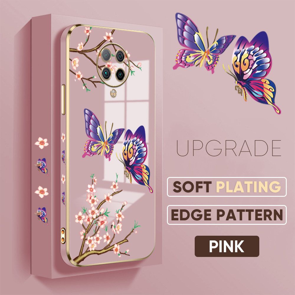 Jizetin (Free Lanyard) Redmi K30 Pro Xiaomi Poco F2 Pro Back Cover Peach Blossom and Butterfly Luxury 6D Plating Case Side Pattern Soft Silicone Square Mobile Phone Cases
