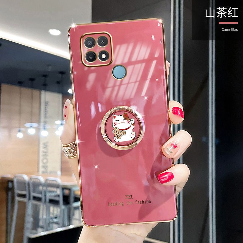 For OPPO A15S Cover + Ring Holder Stand Shiny Plating Square Bumper Phone Case Lens Protection Soft Silicone Shockproof Protective Back Cover