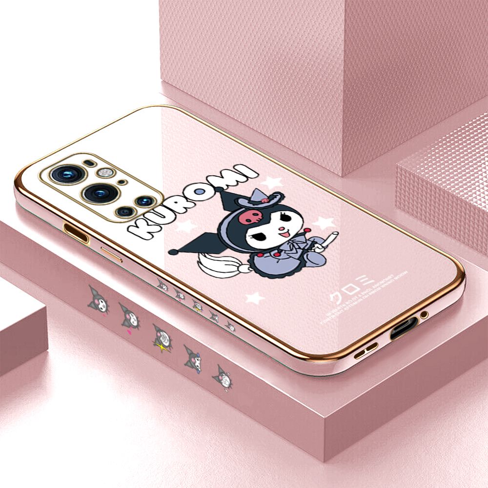 Luxury 6D Plating Case for OnePlus 9 Pro Cartoon Little Witch Side Pattern Back Cover Soft Silicone Square Phone Cases + Free Lanyard