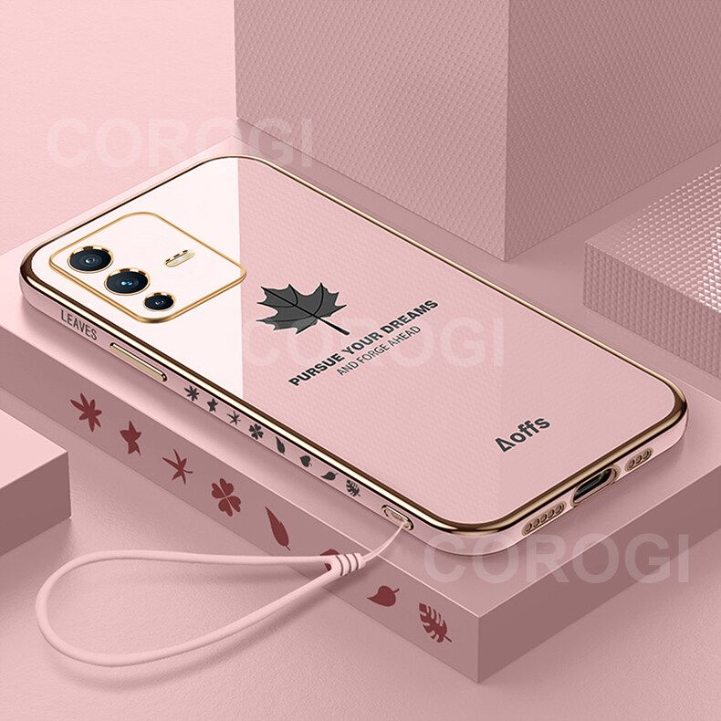 For Vivo V23 5G Cover + Wrist Strap Fashion Shiny Maple leaf Plating Square Bumper Phone Case Soft TPU Silicone Shockproof Protective Back Cover