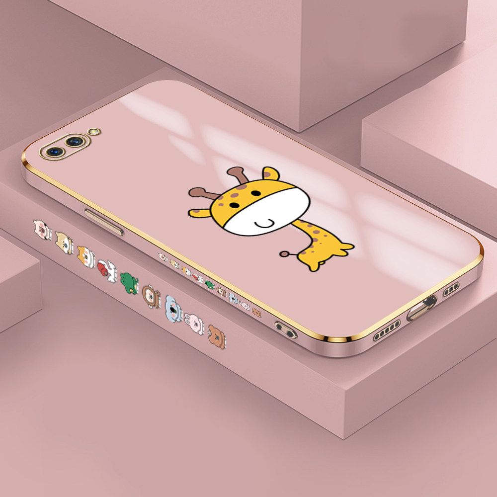 Jizetin (Free Lanyard) OPPO A3S / A12E / Realme C1 Case Cute Cartoon Big Head Giraffe Luxury 6D Plating Soft Casing Silicone Ultra Thin Phone Cover