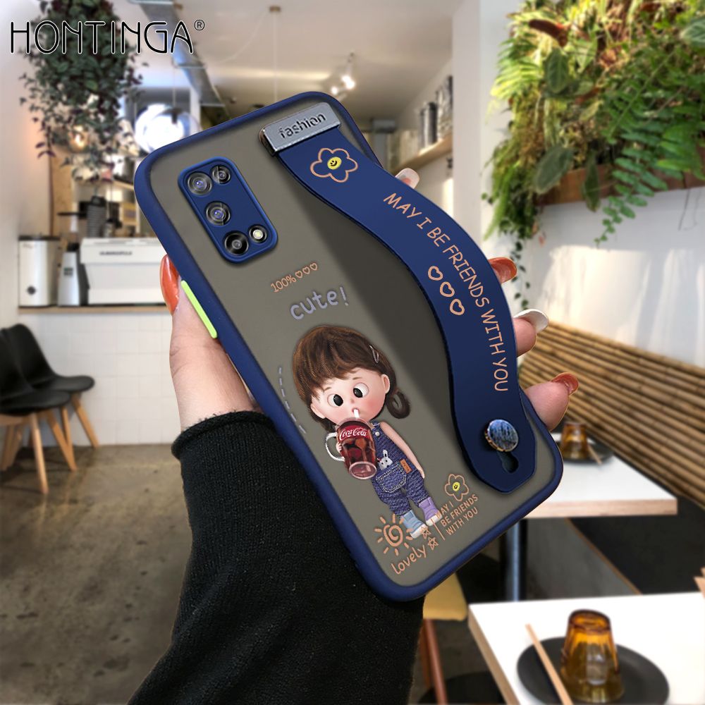 Hontinga for Realme 7 5G Back Cover With Wristband Cola Girl Phone Casee Full Lens Protection Thin Frosted Cases