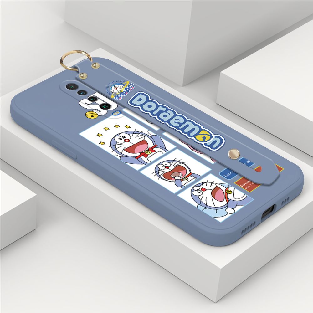 Hontinga for Xiaomi Redmi K30 Wrist Strap Case Cute Cute Cartoon Blue Cat Daily Life Cover Square Edge Liquid Silicone Creative Phone Protective Cases