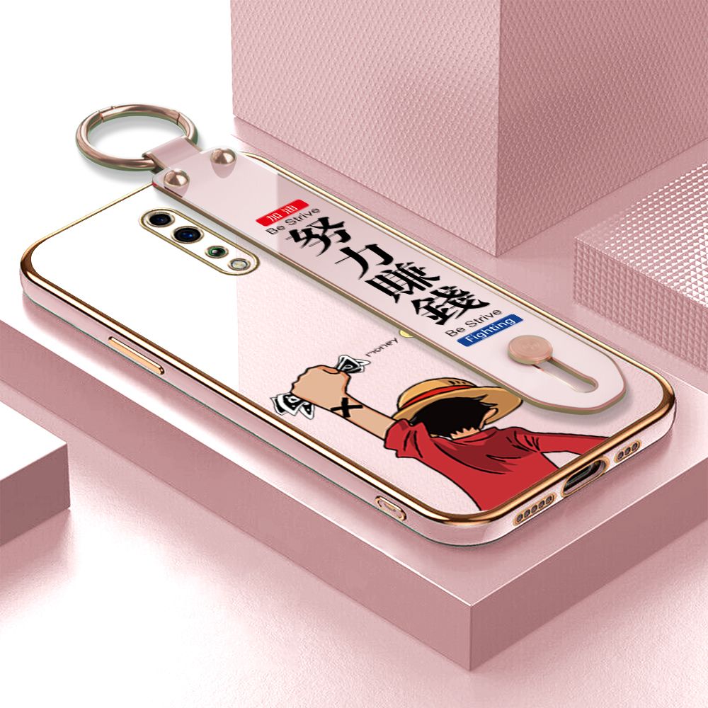 TA for OPPO Reno Z Wrist Strap Back Cover Struggle Luffy Fashion Luxury 6D Plating Soft Casing Silicone Square Frame Phone Case