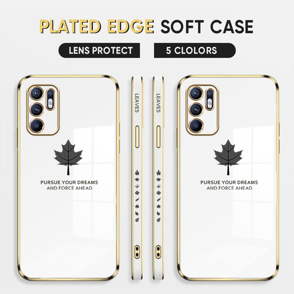 Luxury 6D Plating Case for OPPO Reno6 4G Back Cover Maple Leaf Side Pattern Soft Silicone Square Phone Cases