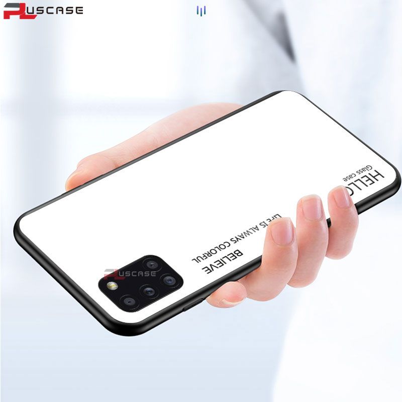 PlusCase for Samsung Galaxy A31 Case Glass Hard Gradient Painted Shockproof Phone Back Cover