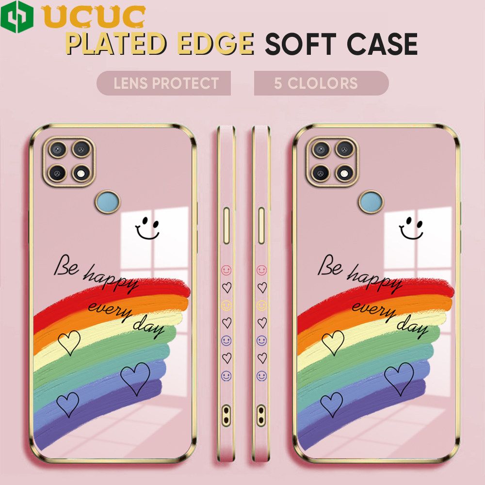 UCUC for OPPO A15 A15s Back Cover + Free Lanyard Rainbow Doodle Luxury 6D Plating Case Side Pattern Soft Silicone Square Phone Cases
