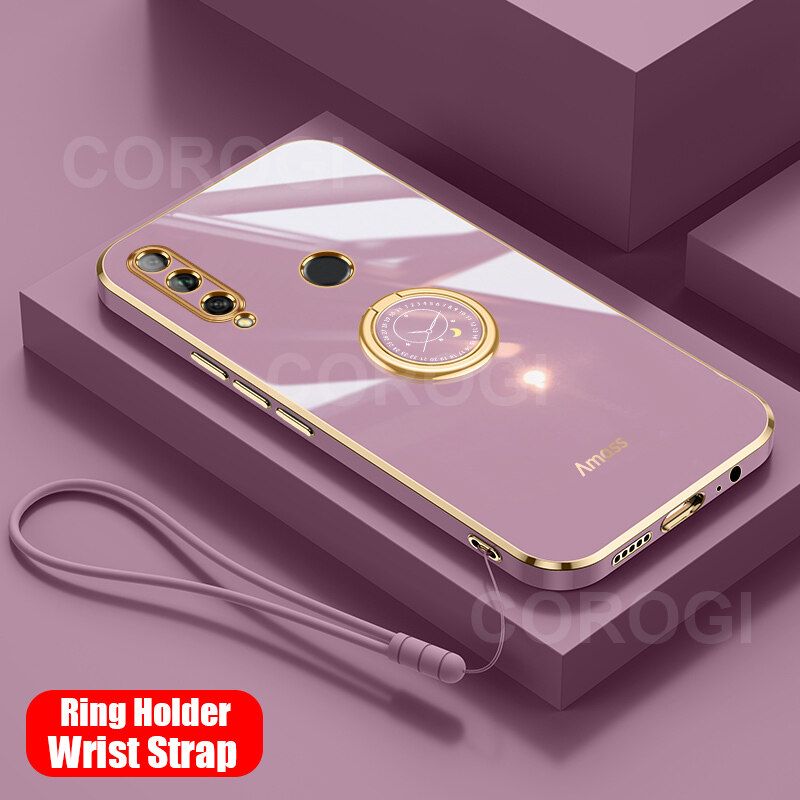 For Huawei P30 Lite Back Cover with Ring Holder Stand + Wrist Strap Shiny Plating Square Bumper Protective Case Soft Silicone Shockproof Mobile Phone Cases