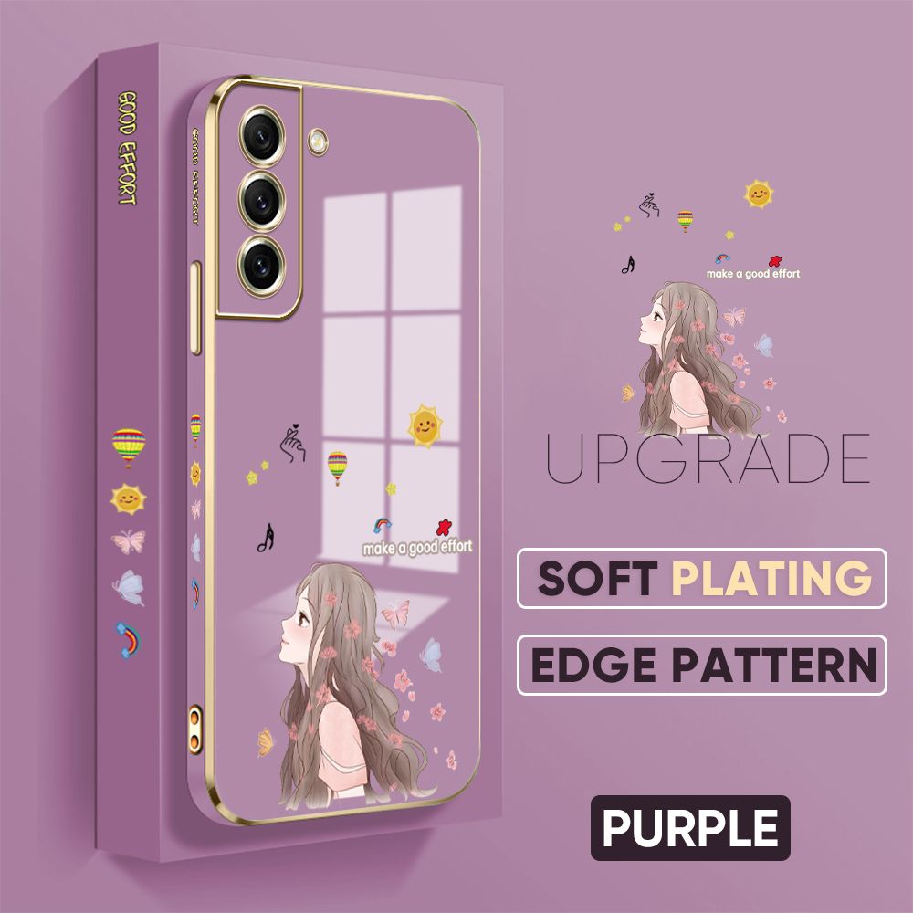 TA for Samsung Galaxy S21 FE 5G Back Cover + Free Lanyard Charming Girl Luxury 6D Plating Case Side Pattern Soft Silicone Square Phone Cases