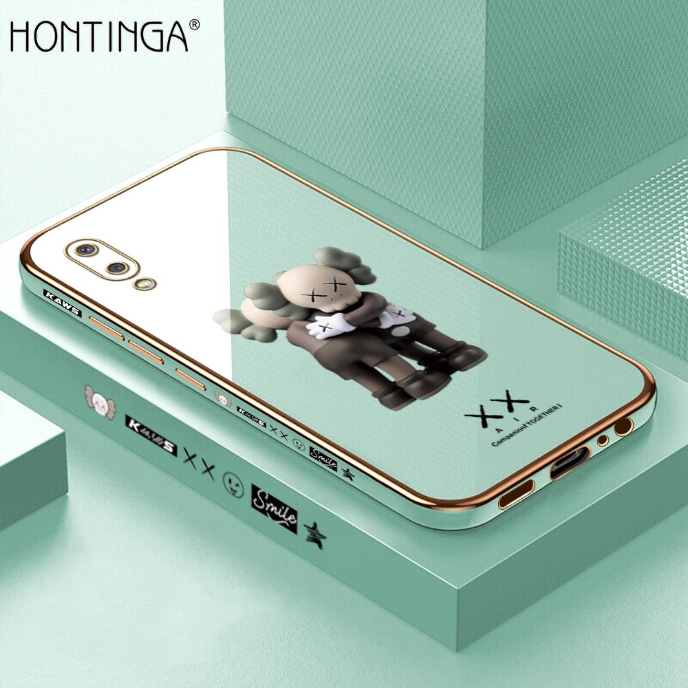 Hontinga for Samsung M02 A02 Back Cover + Free Lanyard Luxury 6D Plating Cartoon Hug bear Side Pattern Case Soft Silicone Square Mobile Cover