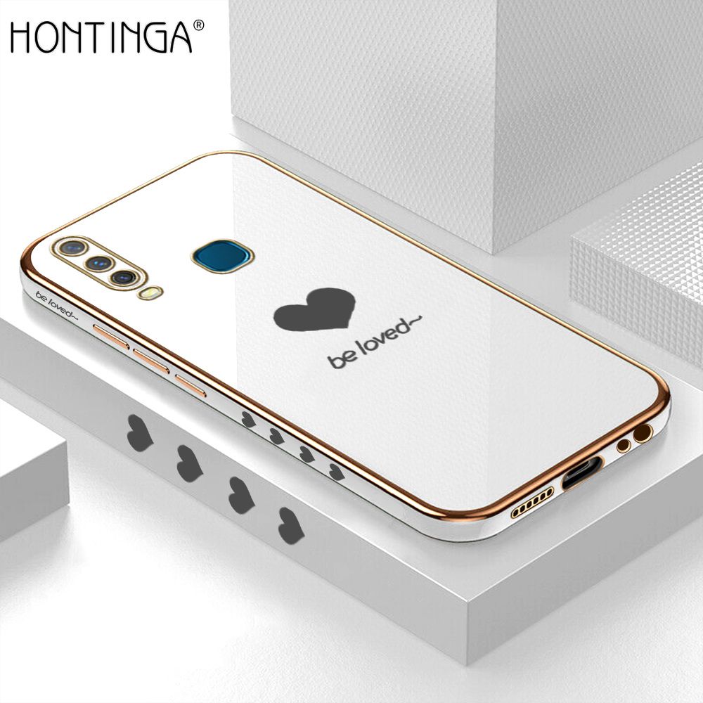 Hontinga for Vivo Y15 / Y17 / Y12 Back Cover + Free Lanyard Luxury 6D Plating Lover Heart Side Pattern Case Soft Silicone Square Mobile Cover