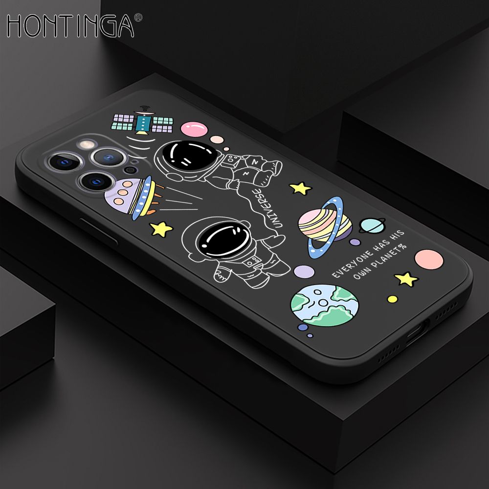 Hontinga for iPhone 12 Pro Case Fashion Earth Planet Astronaut Phone Case Soft Square Edge Silicone Cases Full Lens Cover Shockproof Protection Cover