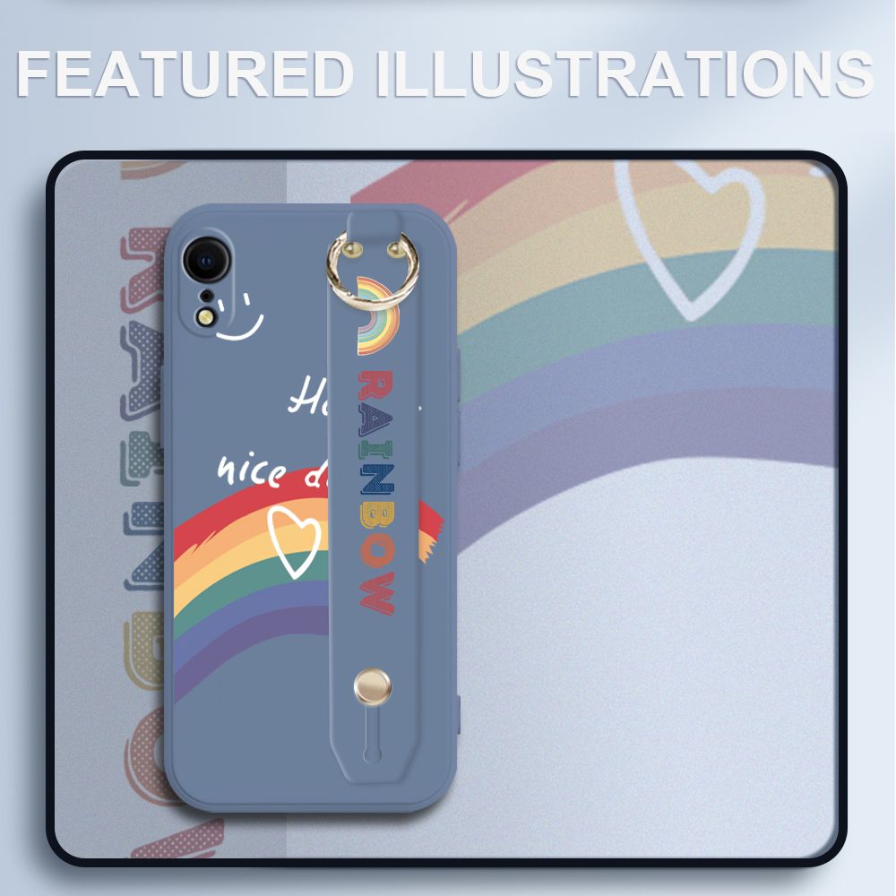 UCUC for iPhone XR Wrist Strap Case INS Style Smile Rainbow Cover Ultra Thin Anti Fall Liquid Silicone Phone Case