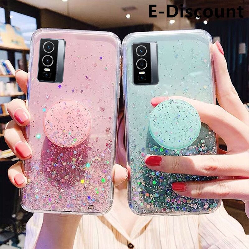 For VIVO Y76 Case Shiny Ring Glitter Soft Transparent Holder Stand Case with String Glitter Space Stars Moon VIVO Y76 Back Cover