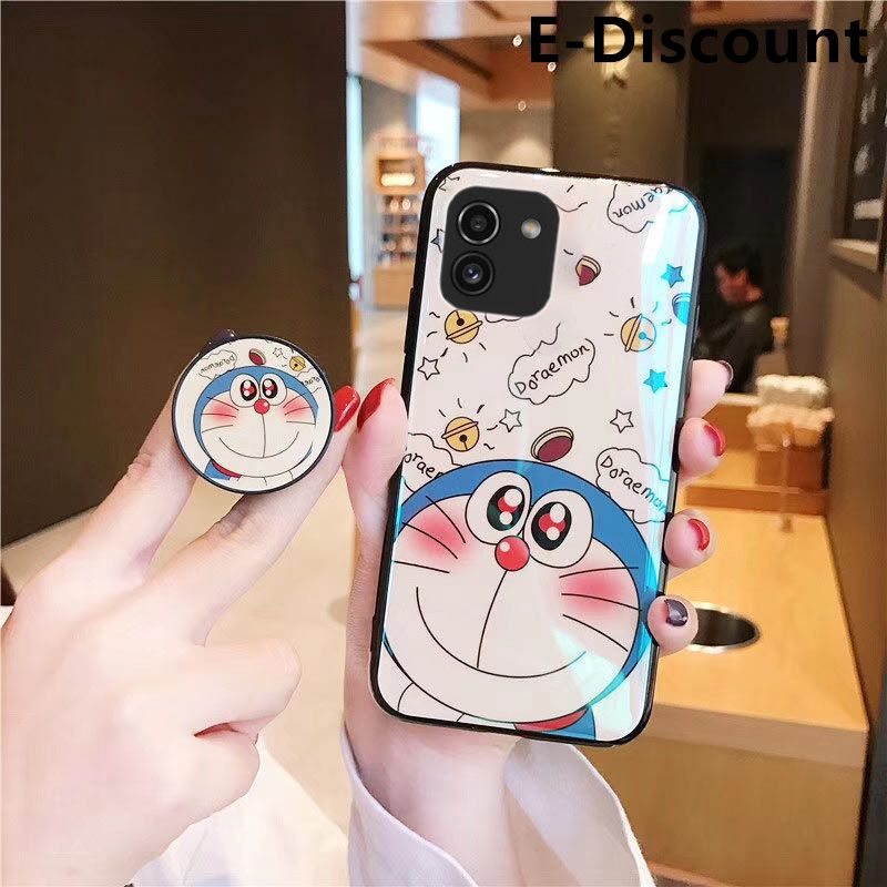 For Samsung Galaxy A03 Case Cute 3D Cartoon Blue Light Happy Doraemon Soft Couple Cases Stand Holder for Samsung A03 Back Cover