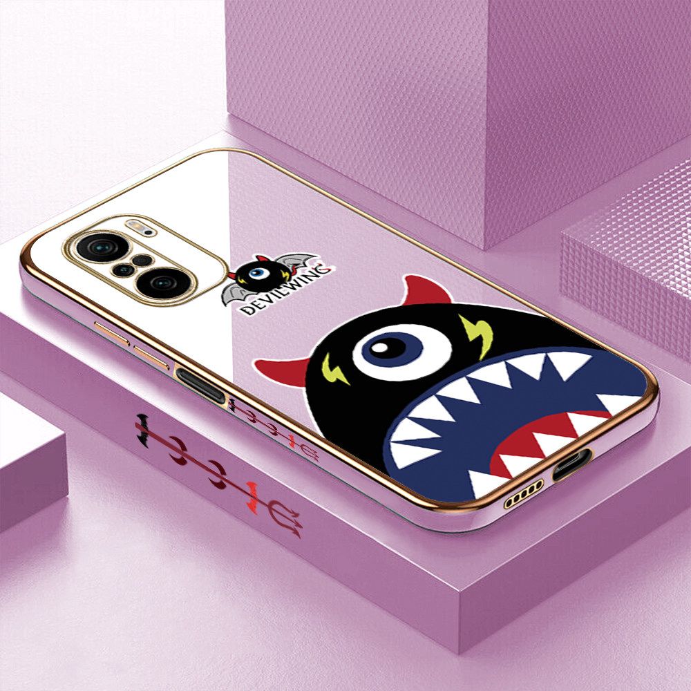 Luxury 6D Plating Case for Redmi K40 Pro Cartoon One-eyed Devil Wing Side Pattern Back Cover Soft Silicone Square Frame Shiny Bling Phone Cases + Free Lanyard