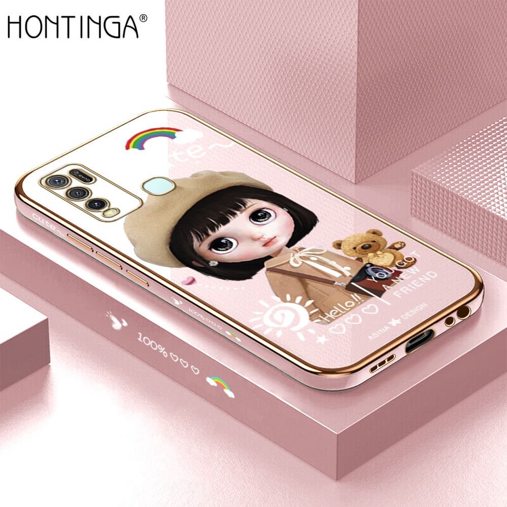 Hontinga for Vivo Y30 Back Cover + Free Lanyard Luxury 6D Plating Cartoon Cartoon Satchel Girl Side Pattern Case Soft Silicone Square Phone Cases