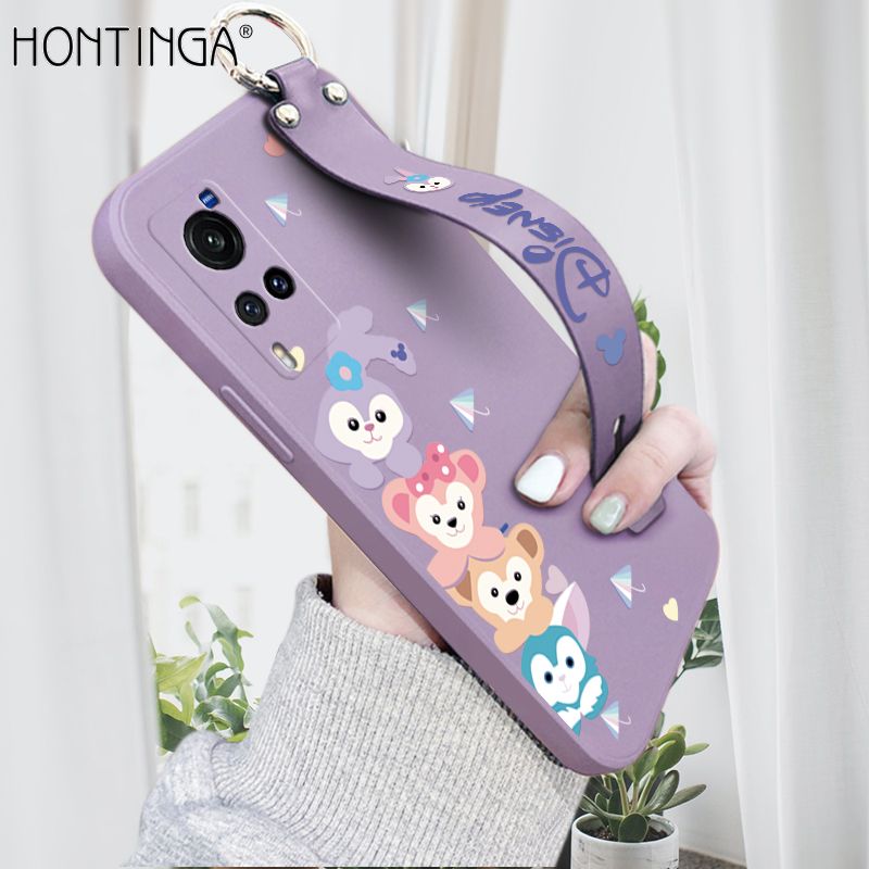 Hontinga for Vivo X60 5G Wrist Strap Case INS Cute Style Creative Cartoon Rabbit and Fox Cover Thin Square Edge Liquid Silicone Phone Case