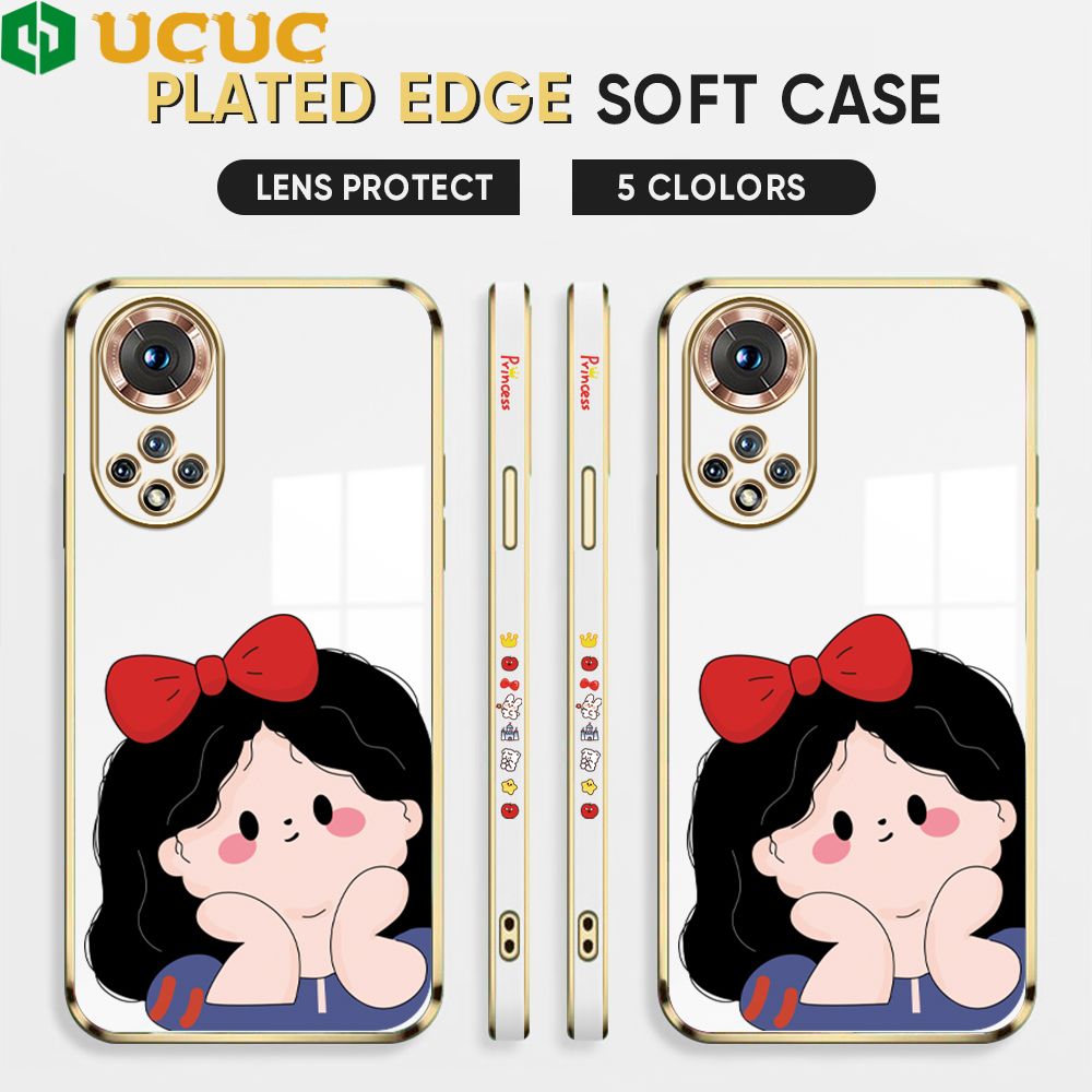 UCUC for Honor 50 Back Cover + Free Lanyard Cute Gir Luxury 6D Plating Case Side Pattern Soft Silicone Square Phone Cases