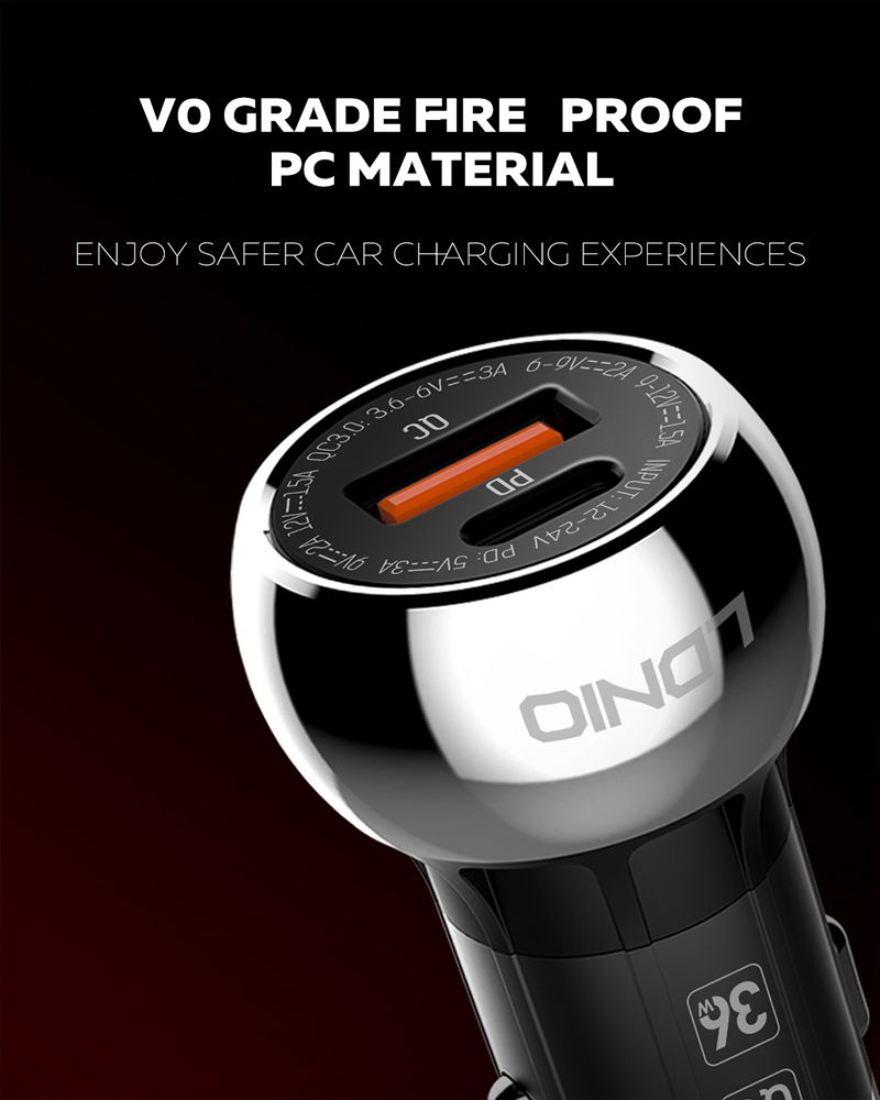 LDNIO New_Arrival C1 Quick Charge 2 Port QC 3.0 & PD Port Car Charger 36W PD Fast Phone Charger