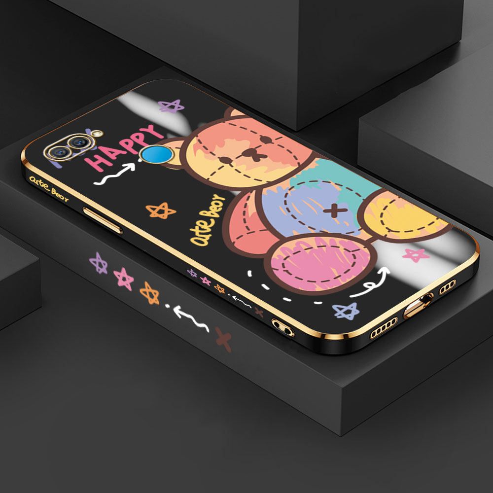 Jizetin (Free Lanyard) OPPO A12 Case Color Doll Bear Luxury 6D Plating Soft Casing Silicone Ultra Thin Phone Cover