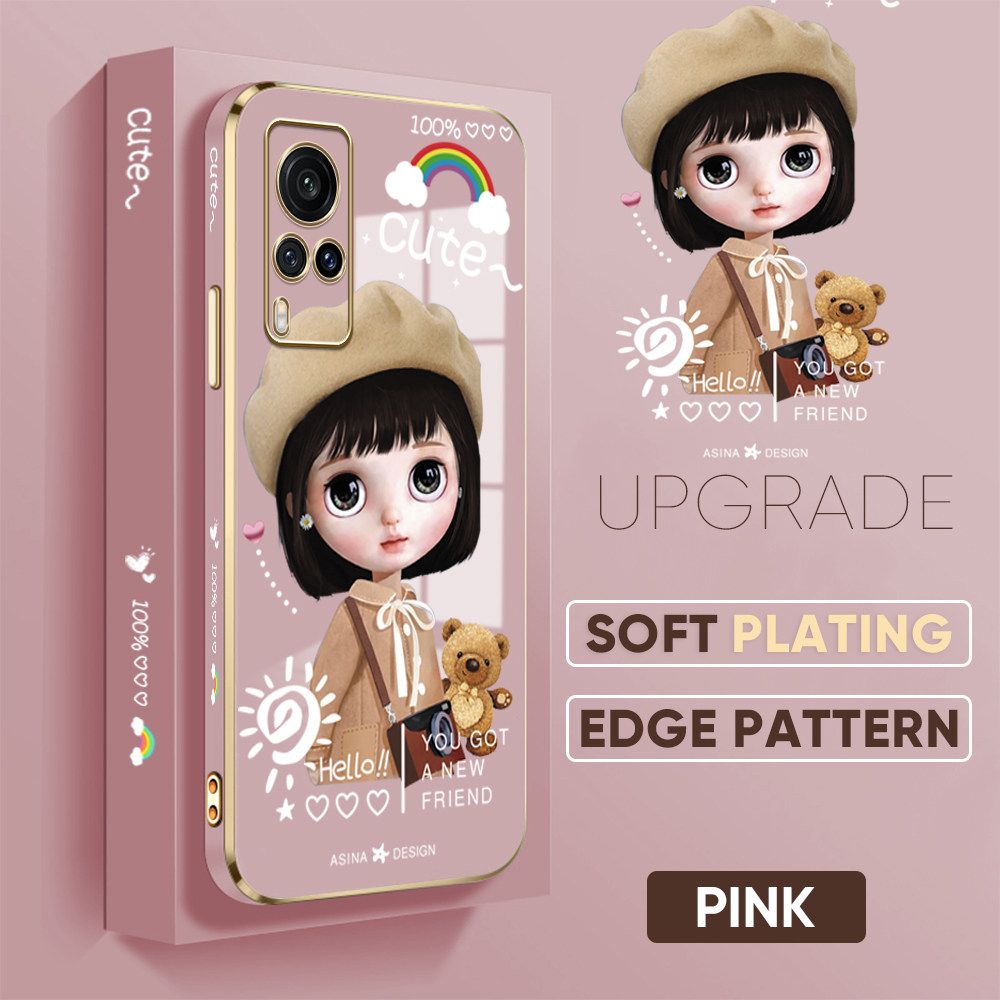 Jizetin (Free Lanyard) Vivo X60 Luxury 6D Plating Soft Casing Silicone Square Frame Phone Case Shiny Bling Back Cover Cute Sunshine Girl New design Side Drawing Case
