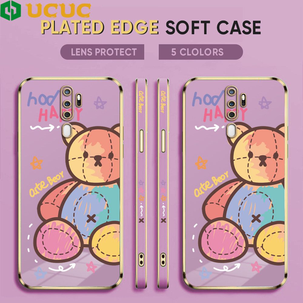 UCUC for OPPO A5 2020 / A9 2020 Back Cover + Free Lanyard Colorful Muppet Bear Luxury 6D Plating Case Side Pattern Soft Silicone Square Phone Cases