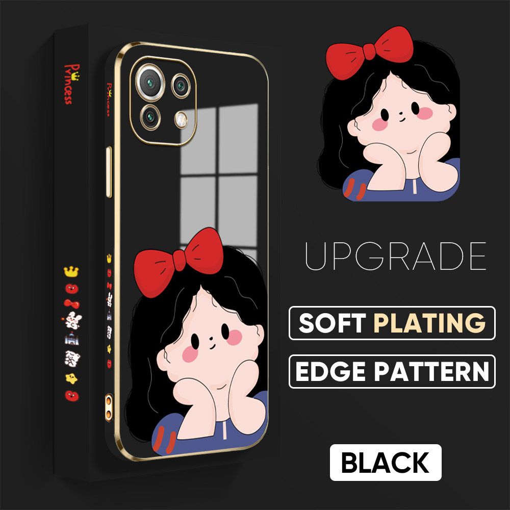 Jizetin (Free Lanyard) Xiaomi 11 Lite 5G Luxury 6D Plating Soft Casing Silicone Square Frame Phone Case Shiny Bling Back Cover Cartoon Cute Girl New design Side Drawing Case