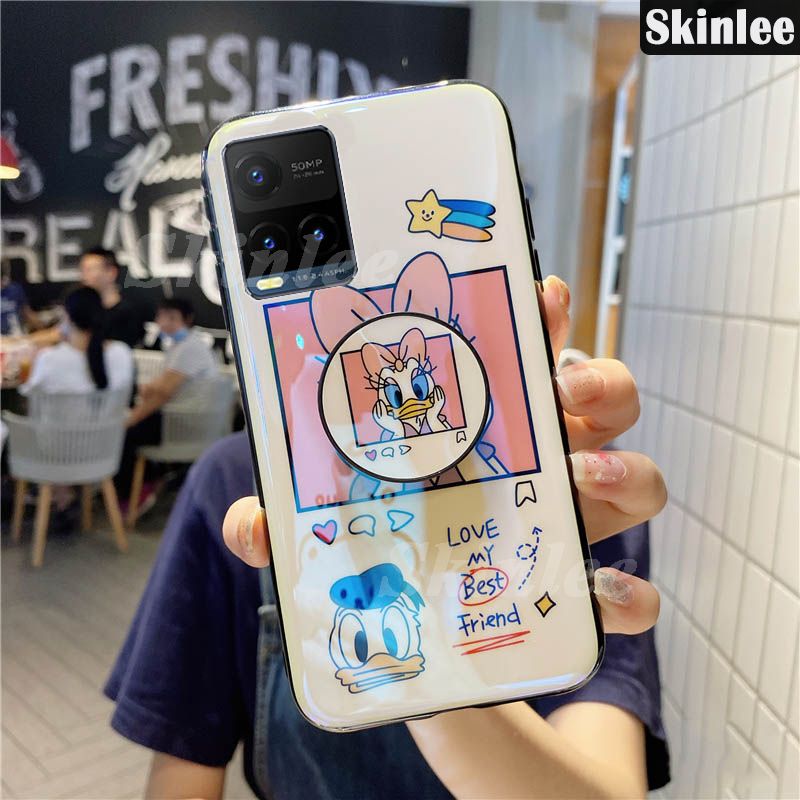 Skinlee for Vivo Y33S Case Cute Donald and Daisy Phone Case Shockproof Cartoon Design for Vivo Y33S Back Bracket Ring Phone Cases