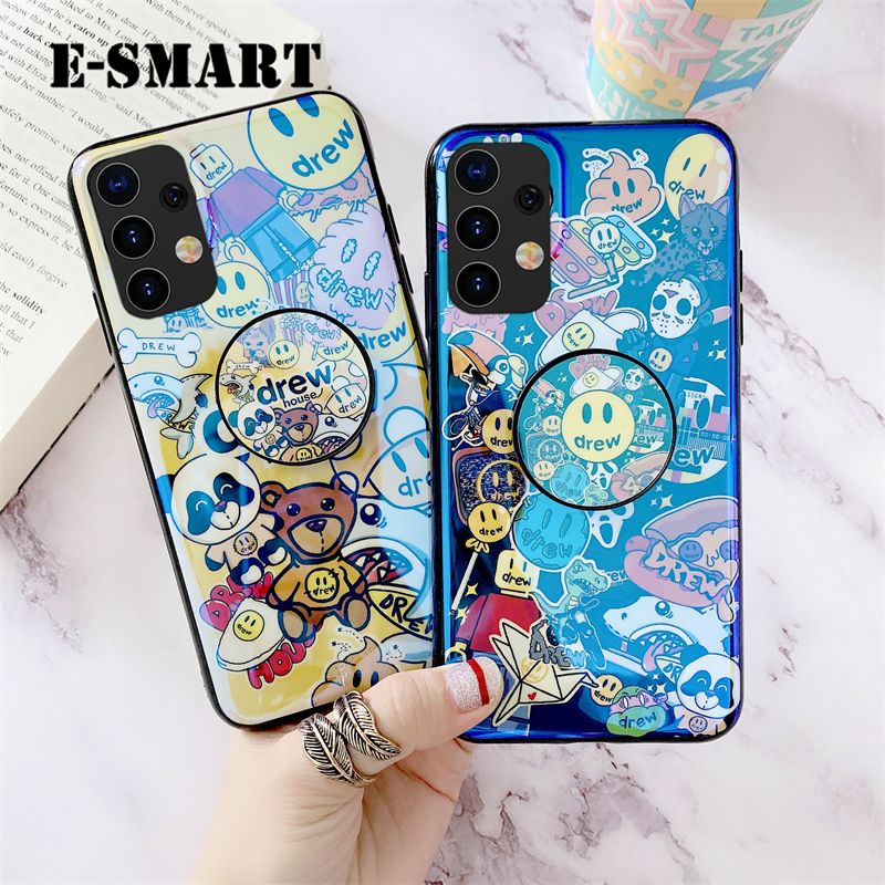 Phone Case Samsung Galaxy M32 5G Back cover With Jack Bracket Holder stand ring Fashion Cartoon Smile Face Blue Light Silicone Soft cases Cover Samsung M32 5G Case