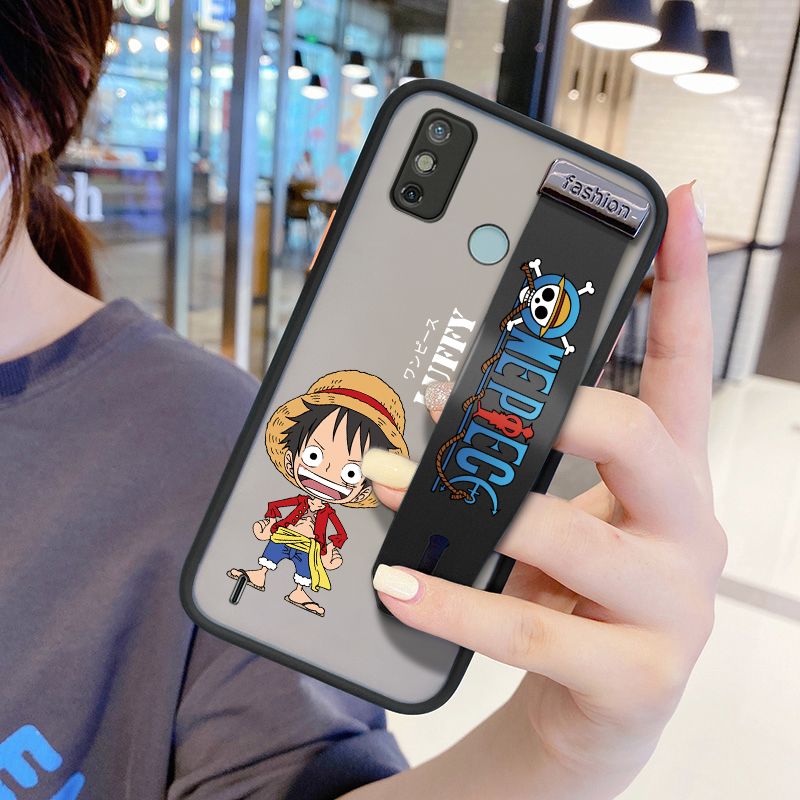 UCUC for Tecno Spark 6 Go Wrist Strap Case Anime One Piece Luffy Wristband Printing Cover Shockproof Frosted Phone Case