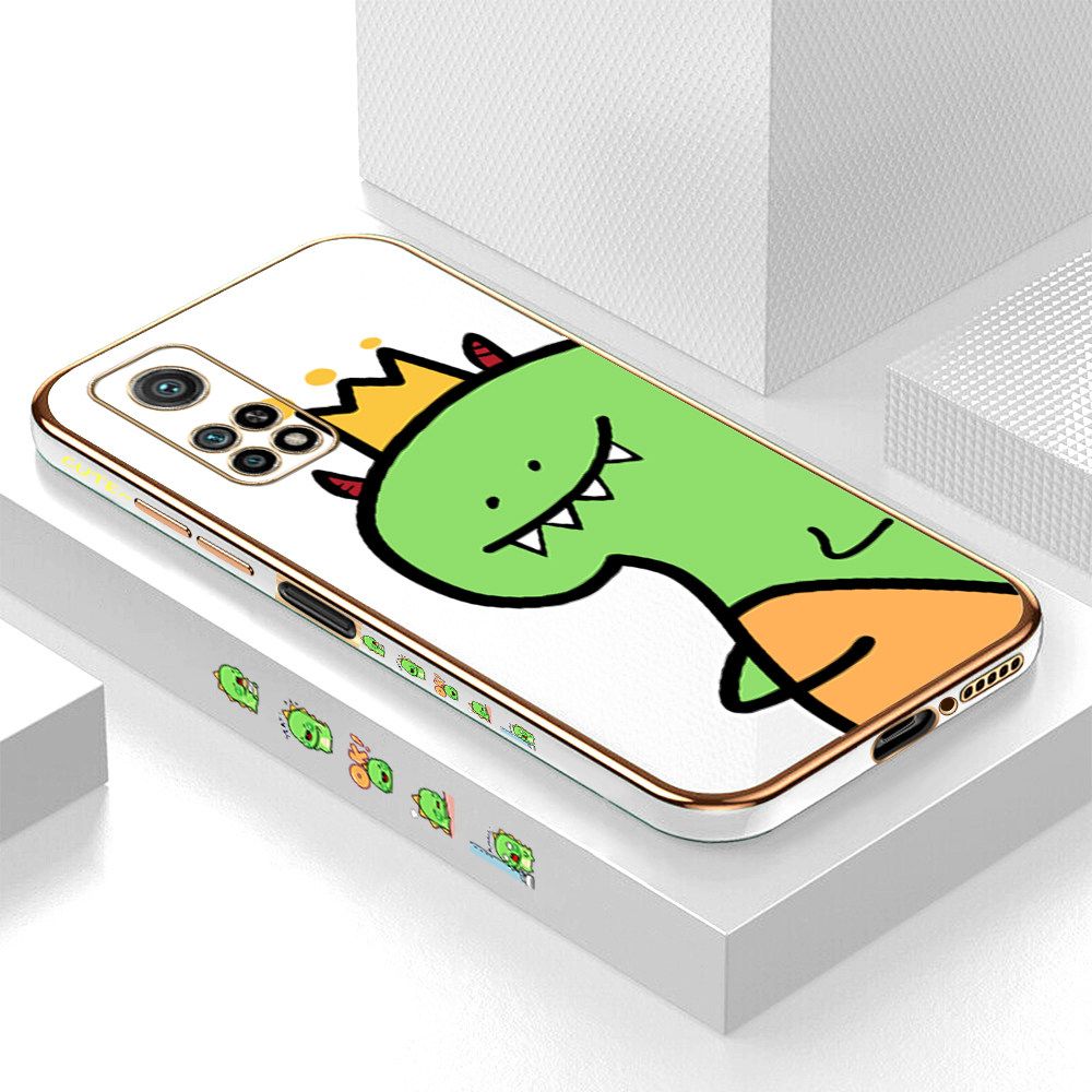 Luxury 6D Plating Case for Xiaomi 10T Cute Little Dinosaur Side Pattern Back Cover Soft Silicone Square Frame Shiny Bling Phone Cases + Free Lanyard
