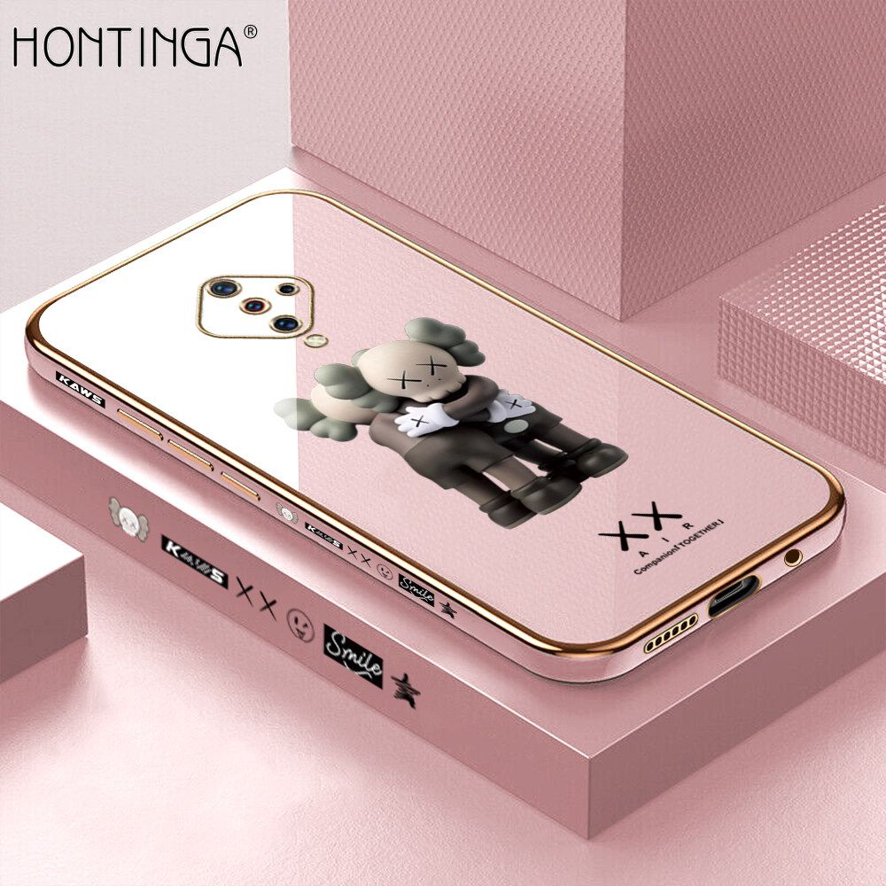 Hontinga for Vivo S1 Pro Back Cover + Free Lanyard Luxury 6D Plating Cartoon Hug bear Side Pattern Case Soft Silicone Square Mobile Cover