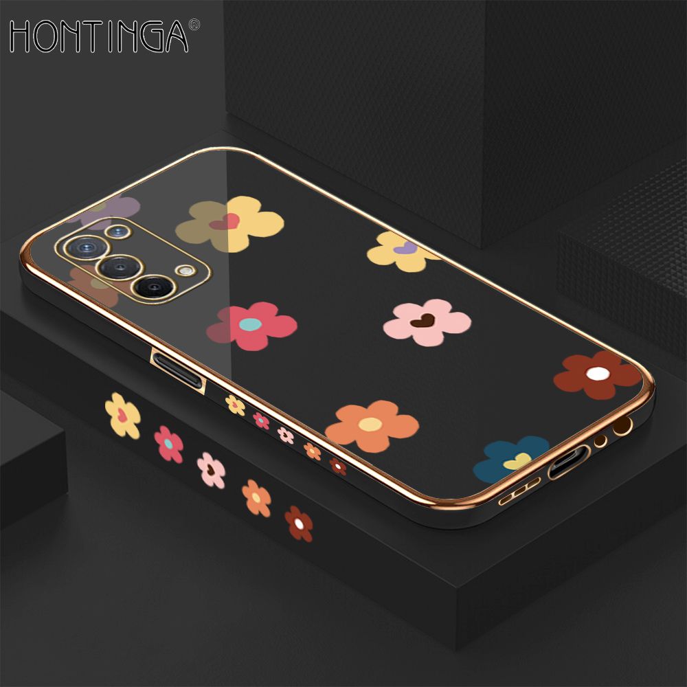 Hontinga for OPPO A74 5G Case Luxury 6D Plating Color Cartoon Flower Side Pattern Soft Back Cover Silicone Square Phone Cases