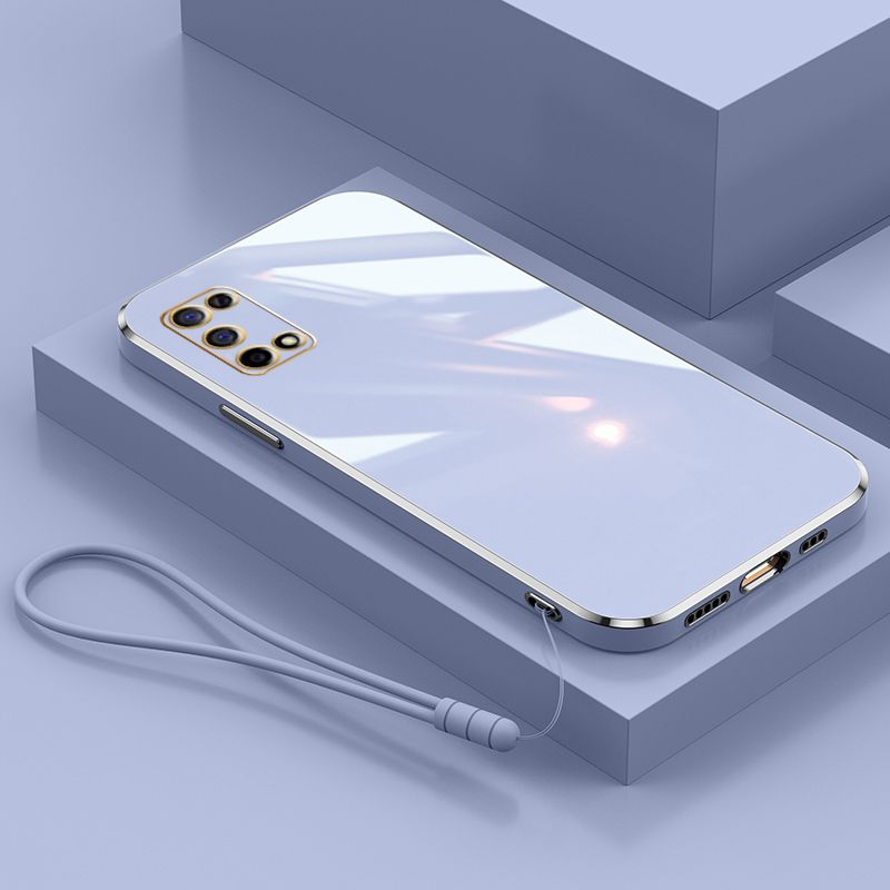 For OPPO Reno4 / OPPO Reno 4 Cover with Wrist Strap Fashion Shiny Plating Square Bumper Girls Phone Case Soft TPU Silicone Shockproof Protective Back Cover