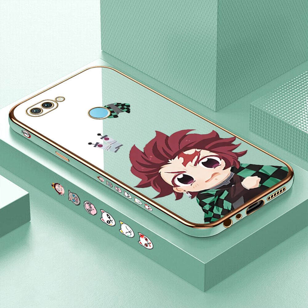 Luxury 6D Plating Case for Realme 2 Pro Cartoon Anime Tanjirou Side Pattern Back Cover Soft Silicone Square Frame Shiny Bling Phone Cases + Free Lanyard
