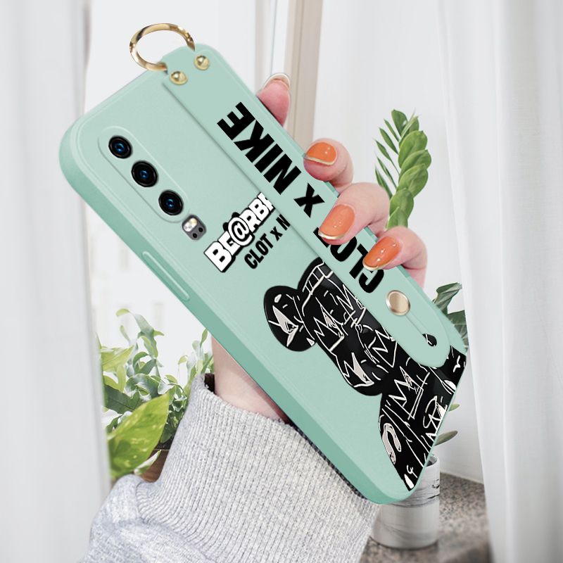 Jizetin for Huawei P30 Wrist Strap Case Creative Cartoon Black Stitching Bear Cover Ultra Thin Anti Fall Liquid Silicone Phone Case