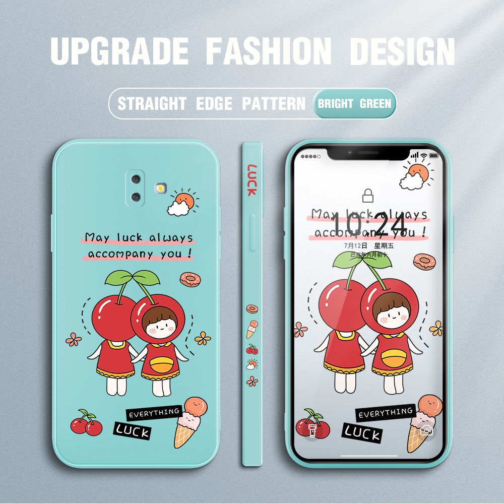 Jizetin for Samsung Galaxy J6 Plus 2018 Case Fashion Cherry Girl Design Side Design Phone Case Square Edge Pattern Liquid Silicone Cases Full Cover Camera Shockproof Protective Case