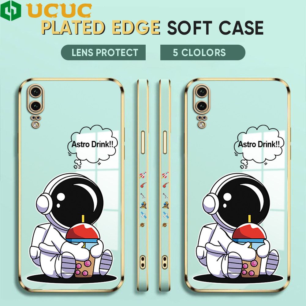 UCUC for Huawei P20 Back Cover + Free Lanyard Cute Astronaut Luxury 6D Plating Case Side Pattern Soft Silicone Square Phone Cases