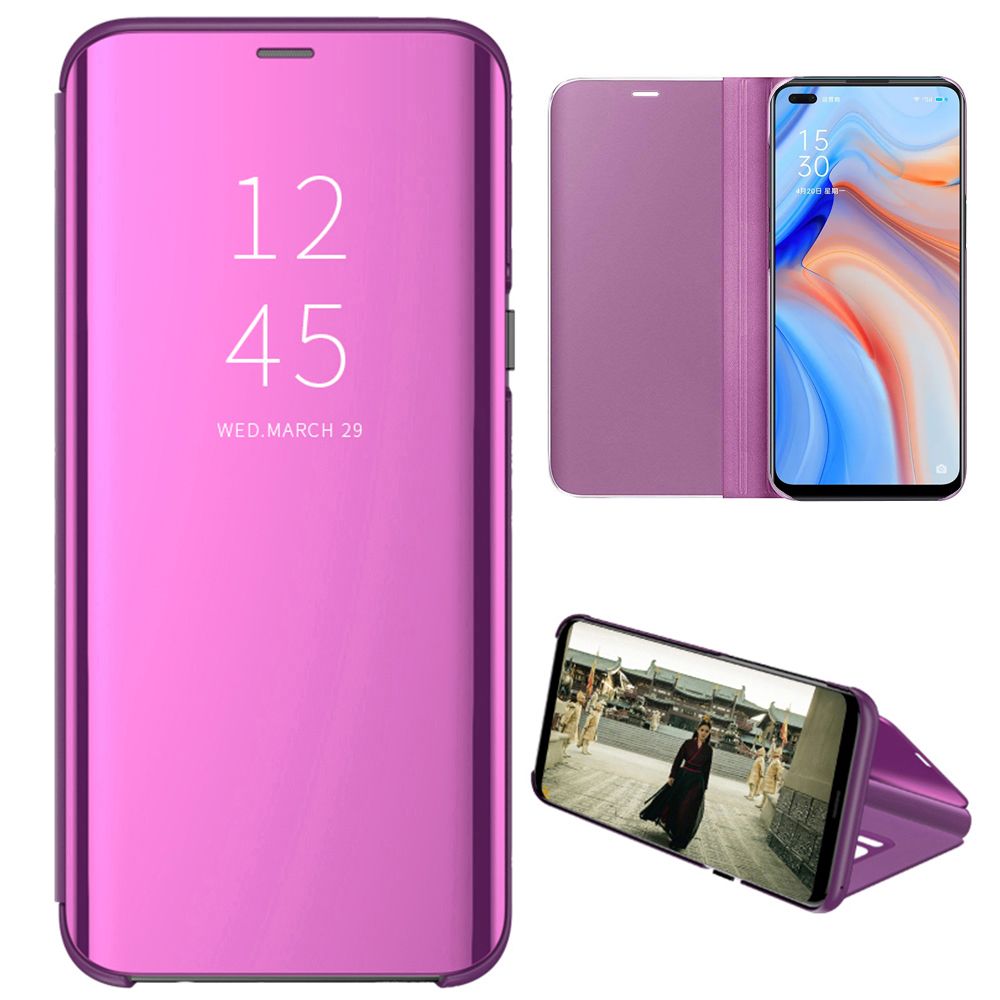 For OPPO Reno 4 Mirror Plating Hard PC -PU Leather Semi-transparent Standing View Case Cover Mirror Plating Hard PC -PU Leather Semi-transparent Standing View Case Cover