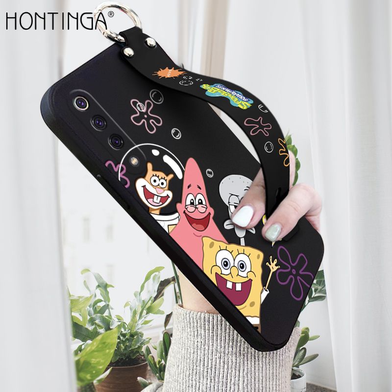 Hontinga for Xiaomi Mi 9 Wrist Strap Case Cute Cute Funny Cartoon Sponge for Square Pants Cover Square Edge Liquid Silicone Anti-drop Phone Case