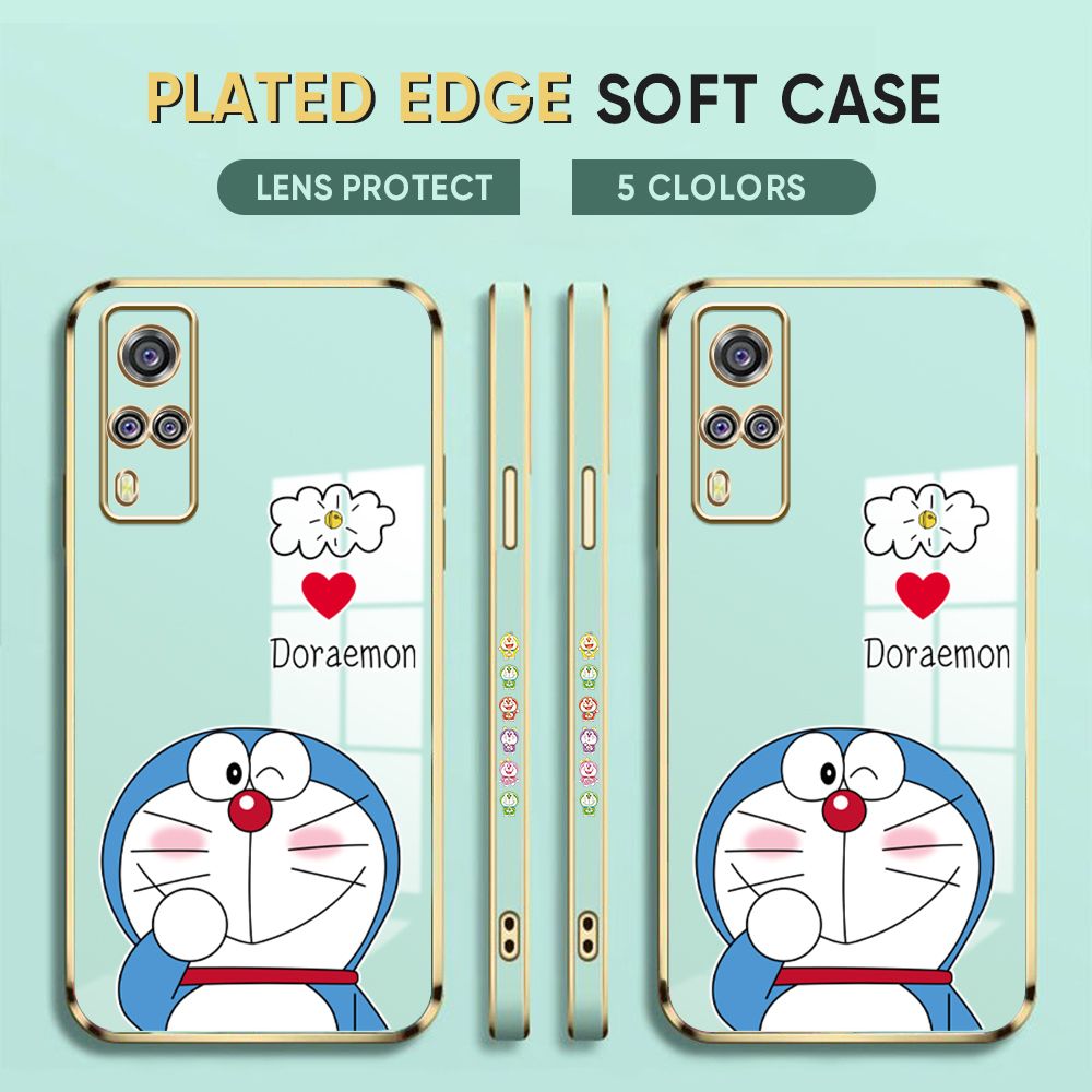 Luxury 6D Plating Case for Vivo Y31 Y51A 2021 Y51 2020 Y53S 4G Back Cover Cartoon Doraemon Side Pattern Soft Silicone Square Phone Cases