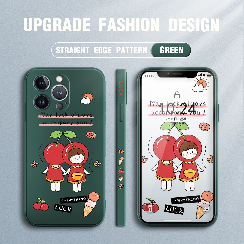 Jizetin for iPhone 13 Pro Case Fashion Cherry Girl Design Side Design Phone Case Square Edge Pattern Liquid Silicone Cases Full Cover Camera Shockproof Protective Case