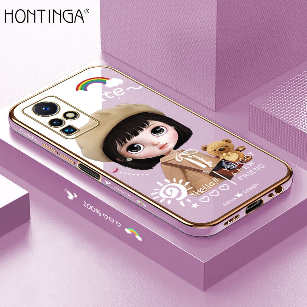 Hontinga for Infinix Zero X Neo Back Cover + Free Lanyard Luxury 6D Plating Cartoon Satchel Girl Side Pattern Case Soft Silicone Square Phone Cases
